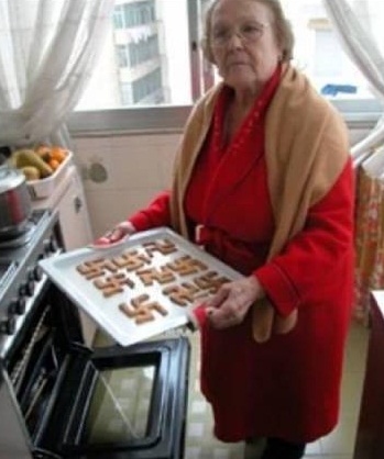 A picture of a grandma with swastika cookies